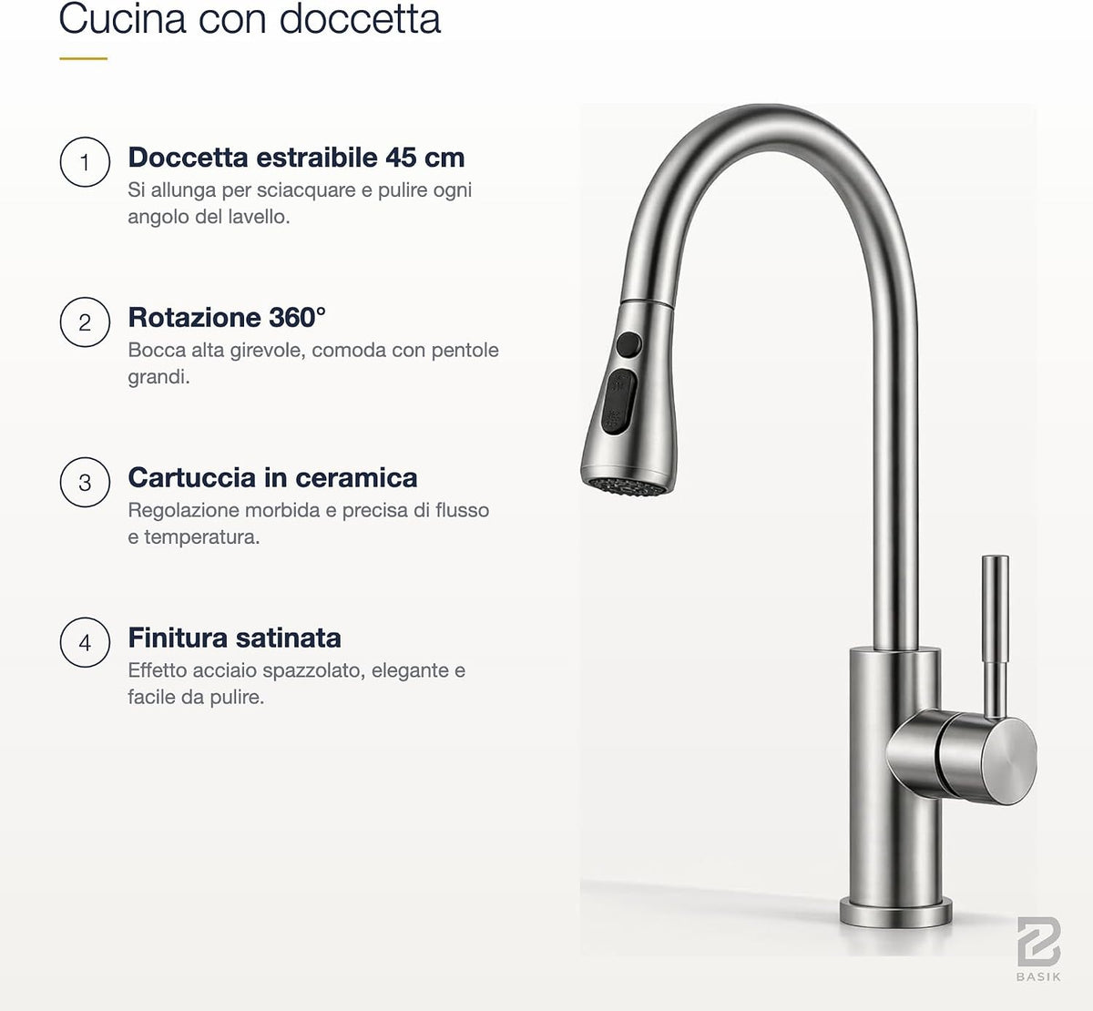 BASIK Miscelatore Cucina Inox con Doccetta Estraibile 360° – foto 3
