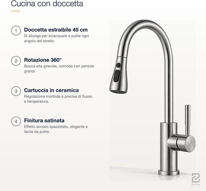 BASIK Miscelatore Cucina Inox con Doccetta Estraibile 360° – foto 3