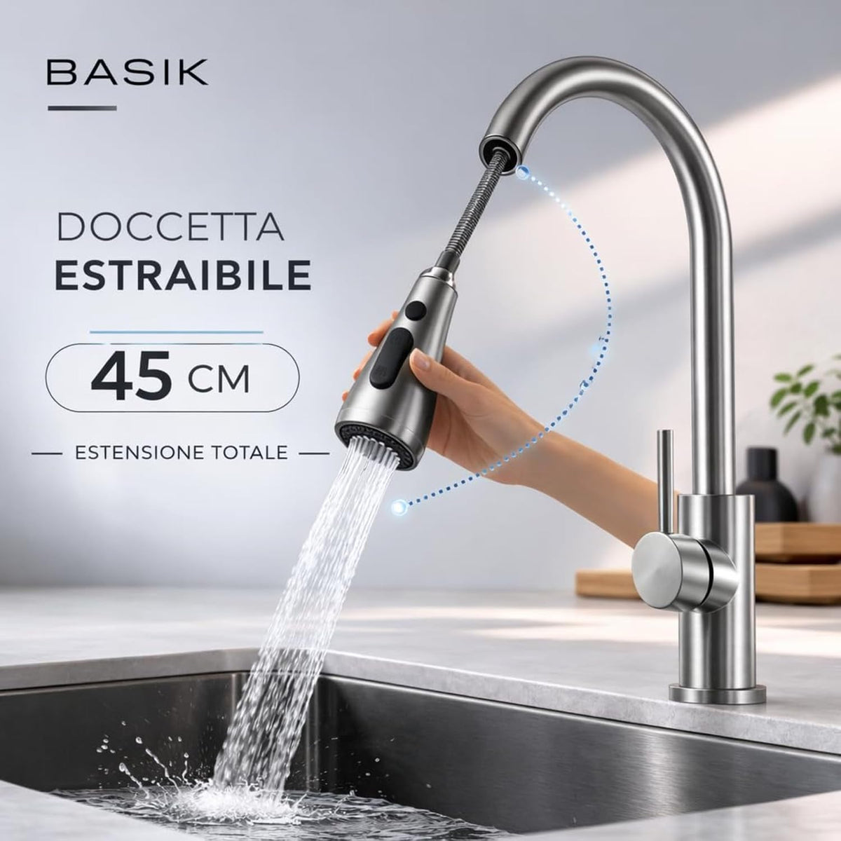 BASIK Miscelatore Cucina Inox con Doccetta Estraibile 360° – foto 5