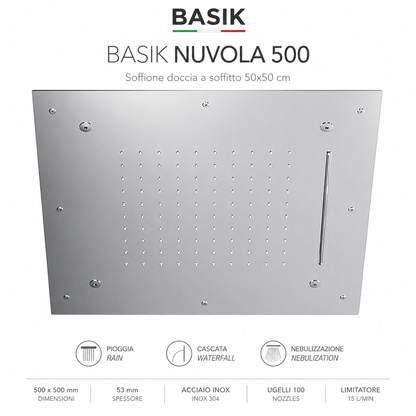 BASIK NUVOLA 500 Soffione Doccia a Soffitto 50x50 cm, Effetto Pioggia, Cascata e Nebulizzazione, Finitura Lucida, Design Moderno per Bagno