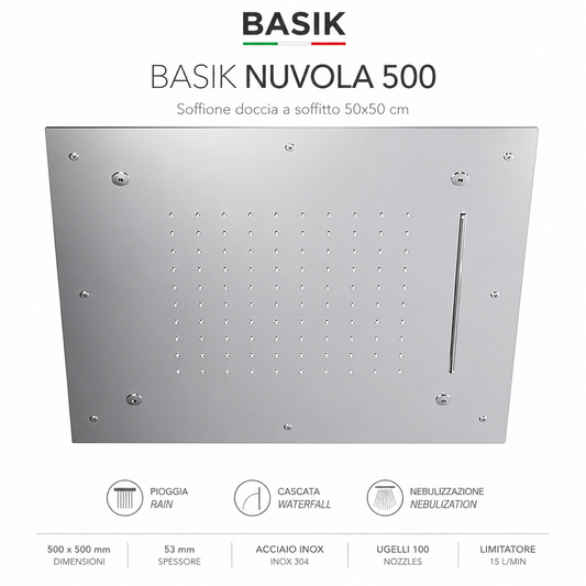 BASIK NUVOLA 500 Soffione Doccia a Soffitto 50x50 cm, Effetto Pioggia, Cascata e Nebulizzazione, Finitura Lucida, Design Moderno per Bagno