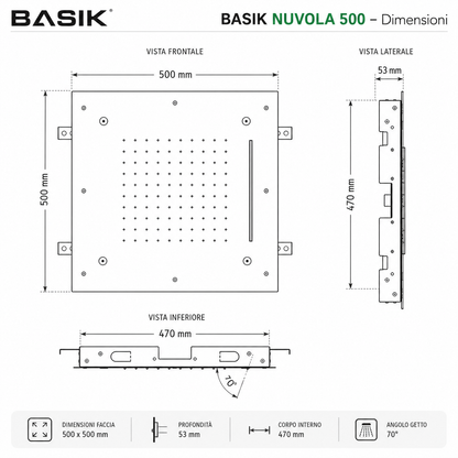 BASIK NUVOLA 500 Soffione Doccia a Soffitto 50x50 cm, Effetto Pioggia, Cascata e Nebulizzazione, Finitura Lucida, Design Moderno per Bagno